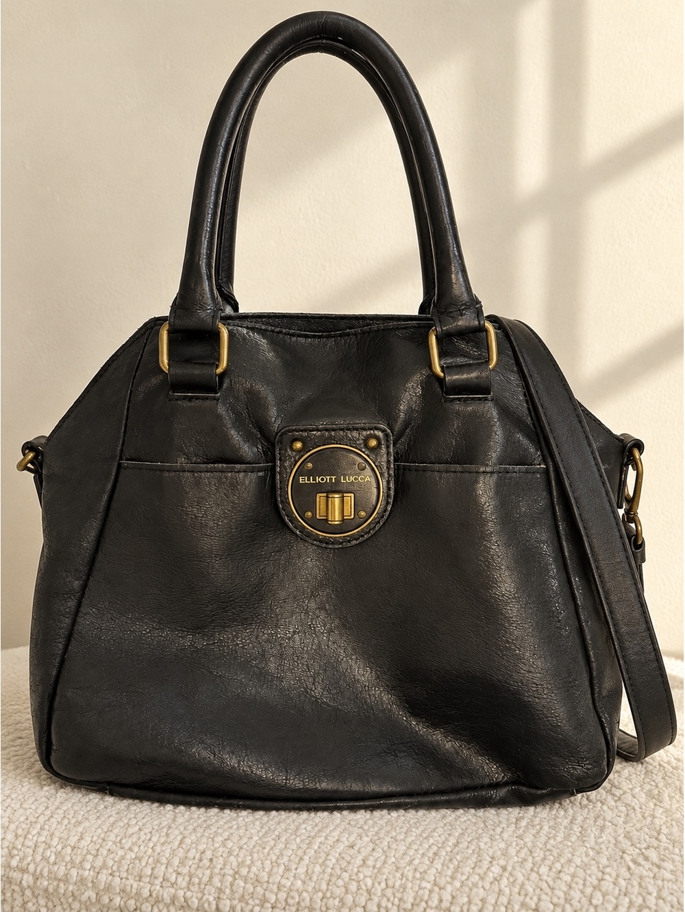 Elliott Lucca Black Leather Satchel Shoulder Bag Gold Hardware